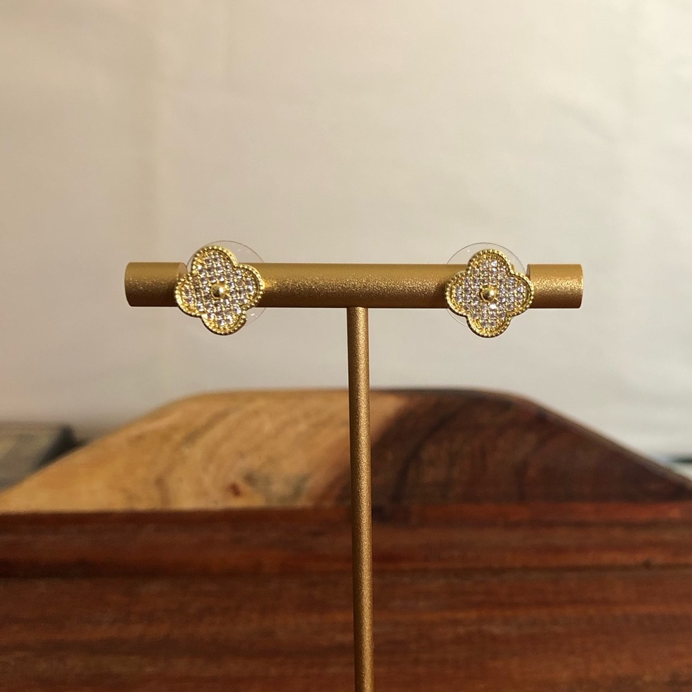 Women’s Gold Plated Clover Earrings Studs Minimalist Cubic Zircon Small Studs